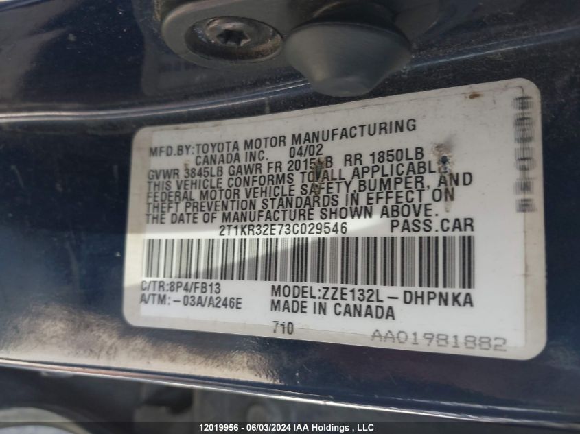 2003 Toyota Matrix VIN: 2T1KR32E73C029546 Lot: 12019956