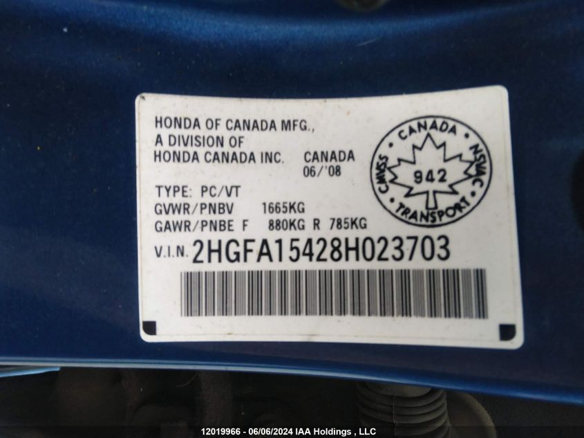 2008 Honda Civic VIN: 2HGFA15428H023703 Lot: 12019966