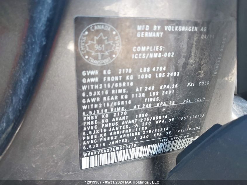 2014 Volkswagen Tiguan VIN: WVGKV3AX2EW610229 Lot: 12019987