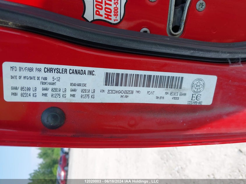 2012 Dodge Charger Sxt VIN: 2C3CDXHG4CH262538 Lot: 12020003