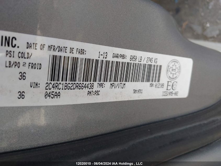 2013 Chrysler Town & Country Touring VIN: 2C4RC1BG2DR664438 Lot: 12020010