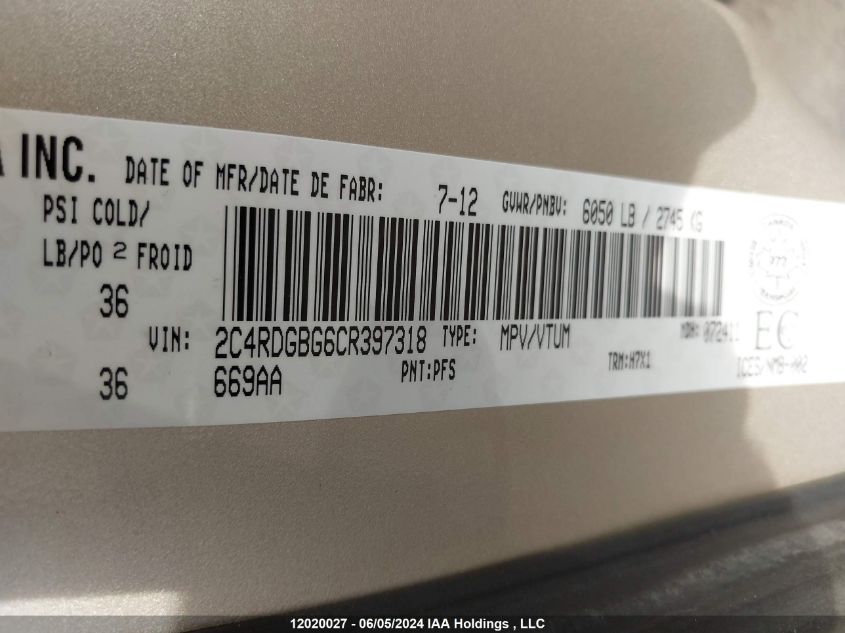 2012 Dodge Grand Caravan Se VIN: 2C4RDGBG6CR397318 Lot: 12020027