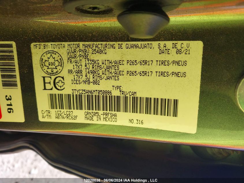 2021 Toyota Tacoma Nightshade VIN: 3TYCZ5AN6MT050886 Lot: 12020038