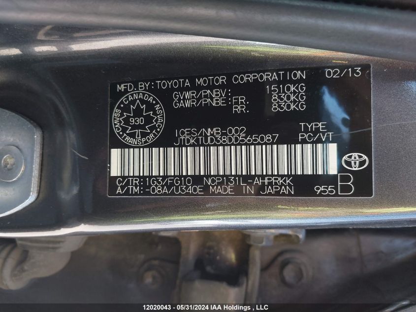 2013 Toyota Yaris Le VIN: JTDKTUD38DD565087 Lot: 12020043