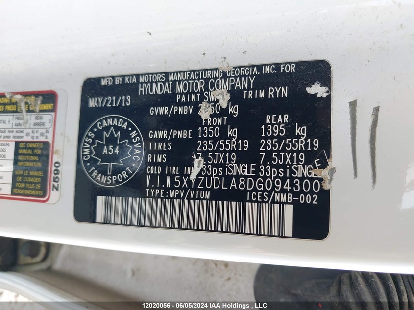 2013 Hyundai Santa Fe Sport 2.0T Limited VIN: 5XYZUDLA8DG094300 Lot: 12020056