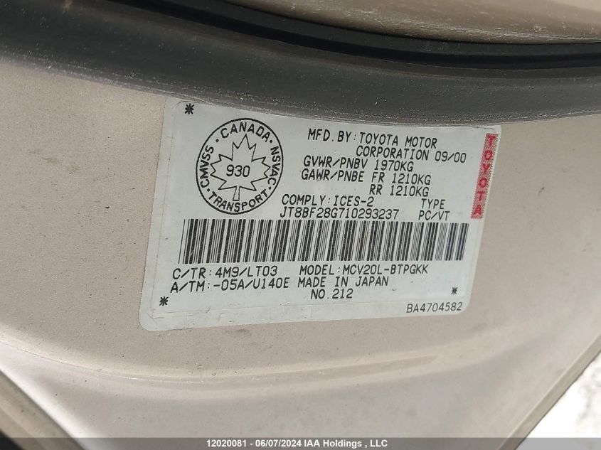 2001 Lexus Es 300 VIN: JT8BF28G710293237 Lot: 12020081