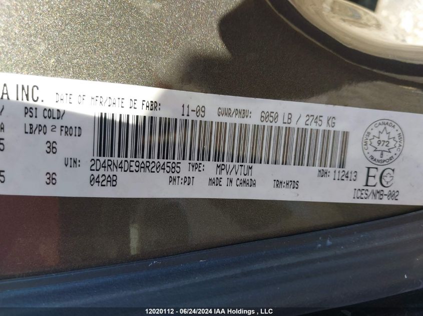 2010 Dodge Grand Caravan VIN: 2D4RN4DE9AR204585 Lot: 12020112