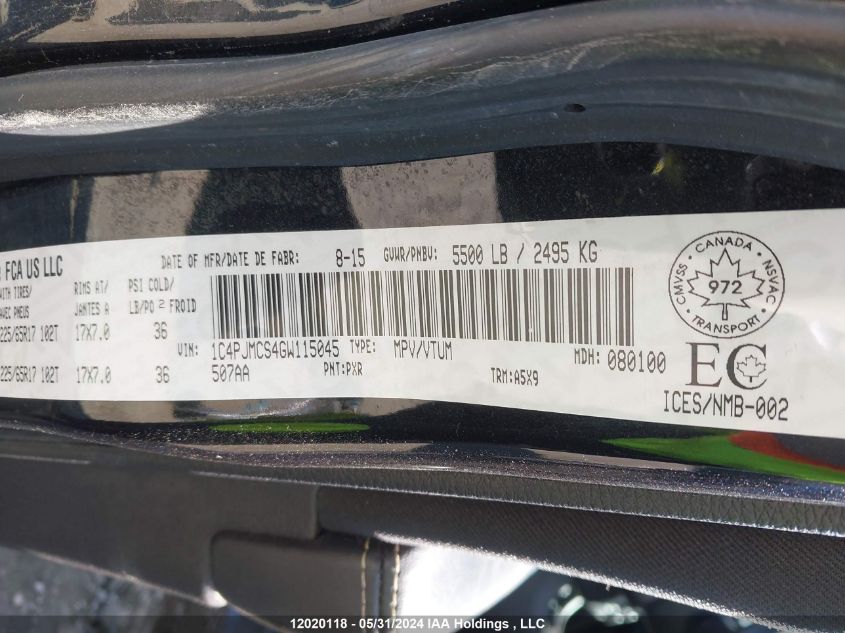 2016 Jeep Cherokee Latitude VIN: 1C4PJMCS4GW115045 Lot: 12020118