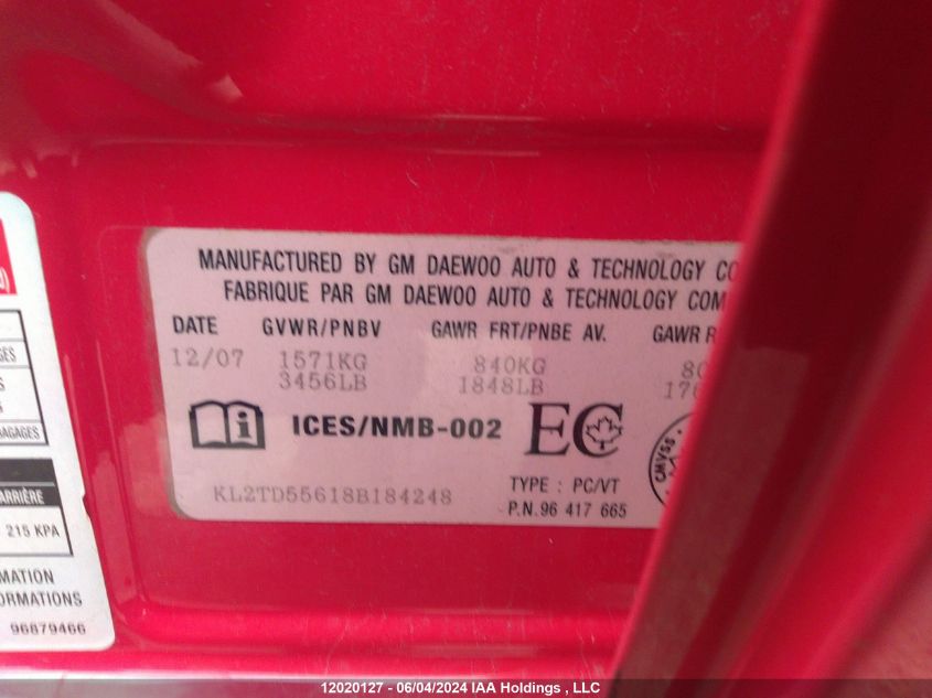 2008 Pontiac Wave VIN: KL2TD55618B184248 Lot: 12020127