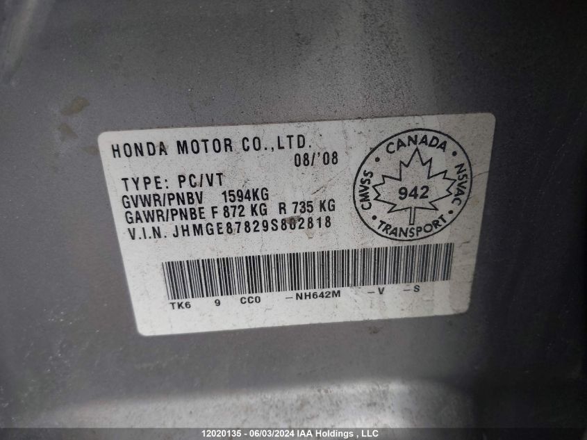 2009 Honda Fit VIN: JHMGE87829S802818 Lot: 12020135