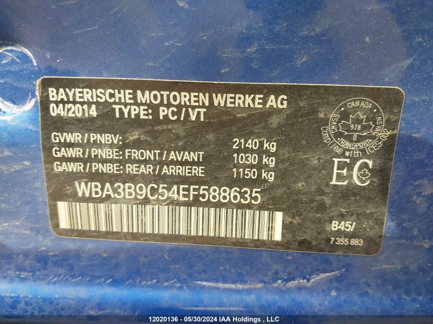 2014 BMW 3 Series VIN: WBA3B9C54EF588635 Lot: 12020136