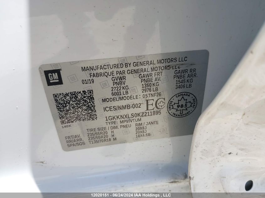 2019 GMC Acadia VIN: 1GKKNXLS0KZ211895 Lot: 12020151
