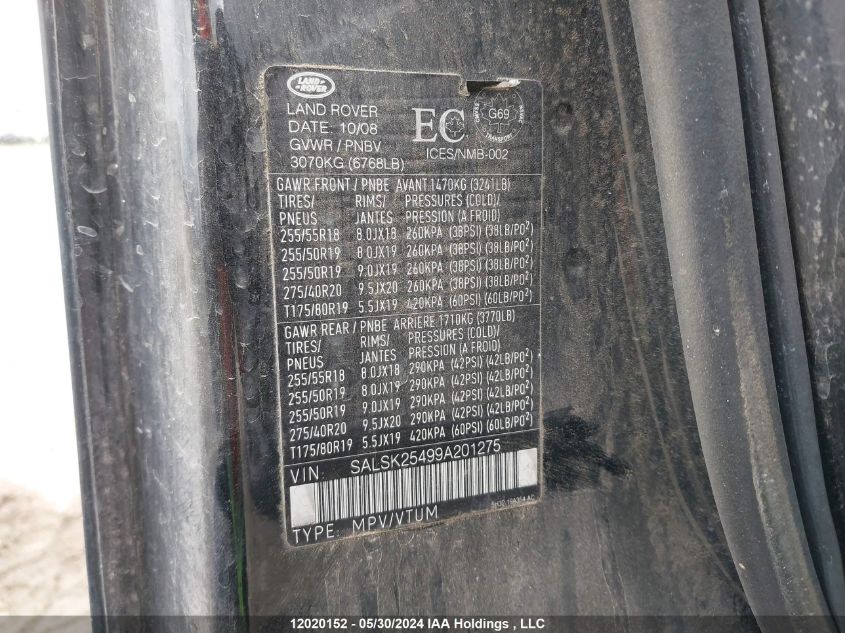 2009 Land Rover Range Rover Sport VIN: SALSK25499A201275 Lot: 12020152