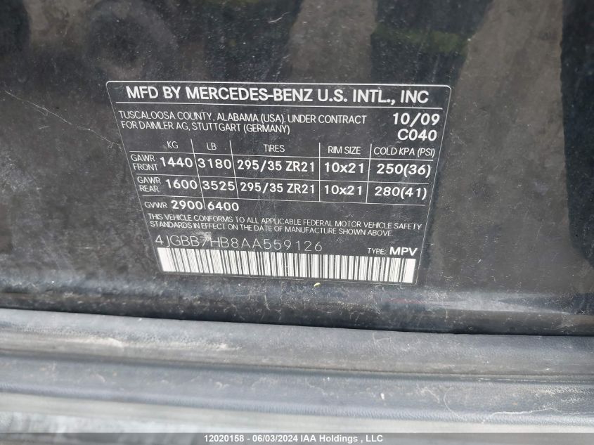 2010 Mercedes-Benz Ml-Class VIN: 4JGBB7HB8AA559126 Lot: 12020158