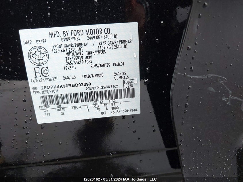 2024 Ford Edge Titanium VIN: 2FMPK4K96RBB02390 Lot: 12020162