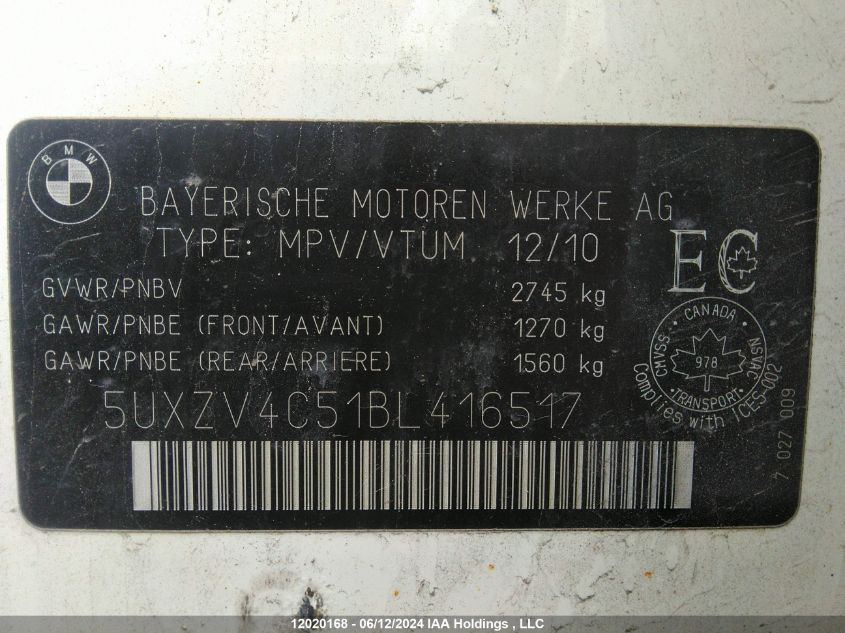 2011 BMW X5 3.5I VIN: 5UXZV4C51BL416517 Lot: 12020168