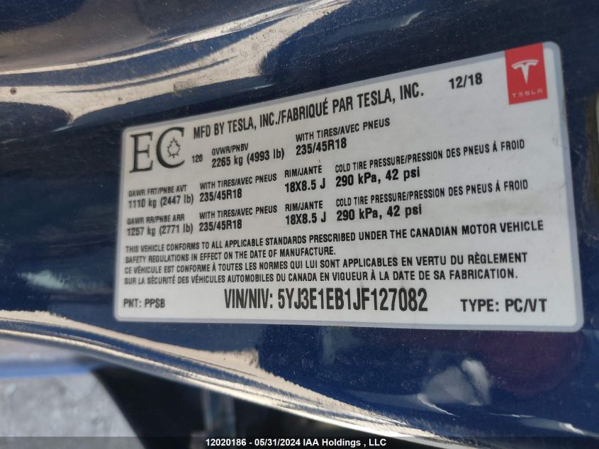 2018 Tesla Model 3 VIN: 5YJ3E1EB1JF127082 Lot: 12020186