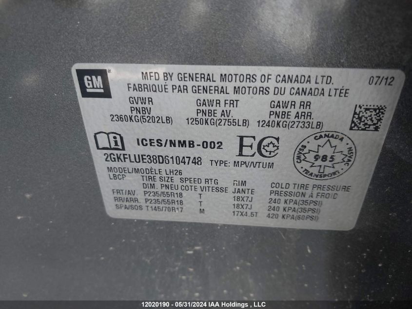 2013 GMC Terrain Slt VIN: 2GKFLUE38D6104748 Lot: 12020190