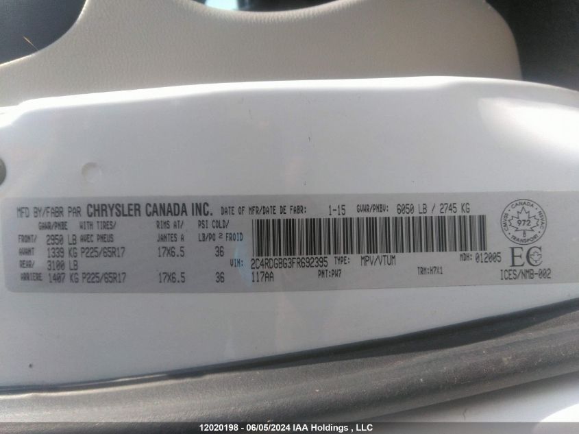 2015 Dodge Grand Caravan Se VIN: 2C4RDGBG3FR692395 Lot: 12020198