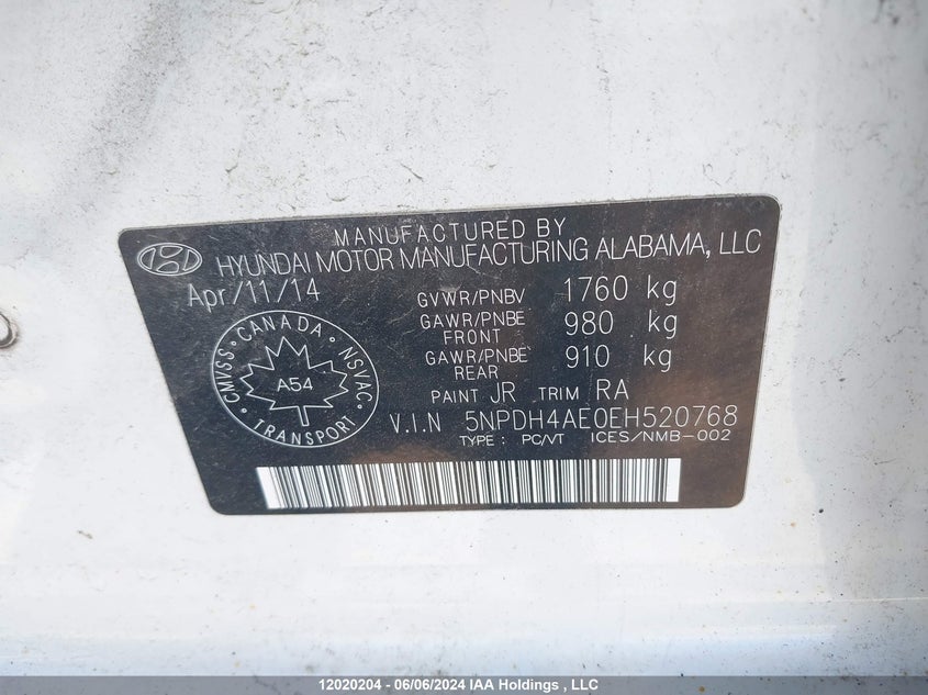 2014 Hyundai Elantra Se/Sport/Limited VIN: 5NPDH4AE0EH520768 Lot: 12020204