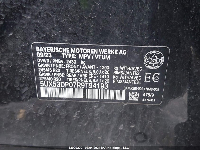 2024 BMW X3 VIN: 5UX53DP07R9T94193 Lot: 12020220