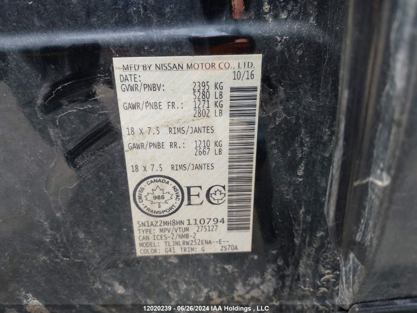 2017 Nissan Murano VIN: 5N1AZ2MH8HN110794 Lot: 12020239