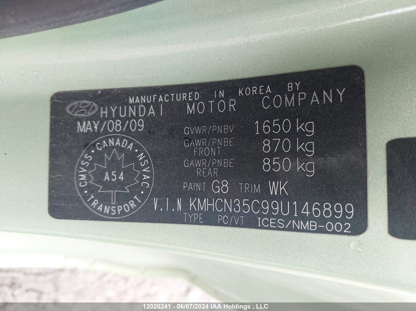 2009 Hyundai Accent VIN: KMHCN35C99U146899 Lot: 12020241