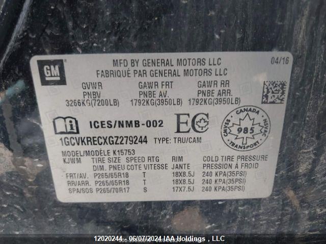 2016 Chevrolet Silverado 1500 VIN: 1GCVKRECXGZ279244 Lot: 12020244