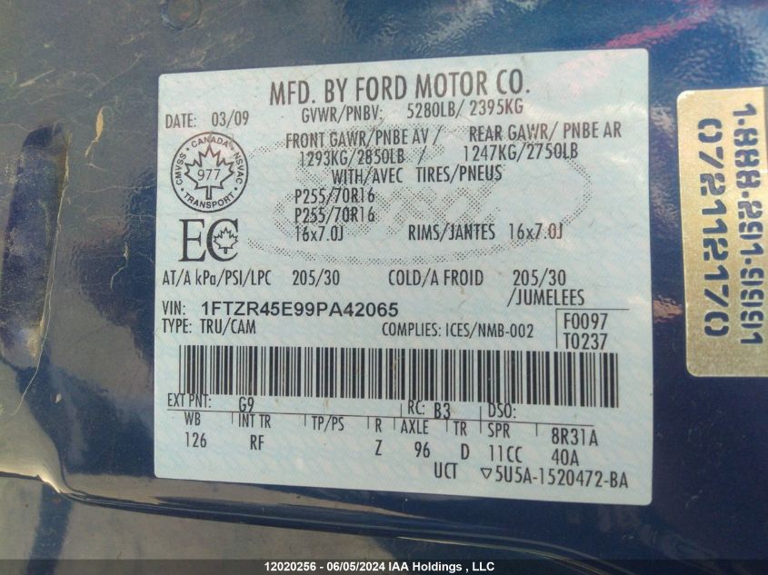 2009 Ford Ranger Super Cab VIN: 1FTZR45E99PA42065 Lot: 12020256