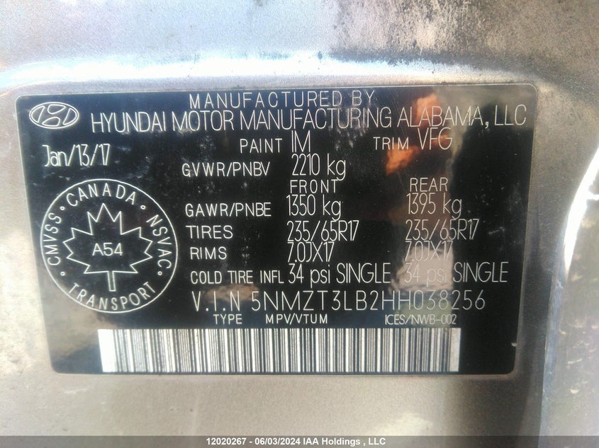 2017 Hyundai Santa Fe Sport VIN: 5NMZT3LB2HH038256 Lot: 12020267