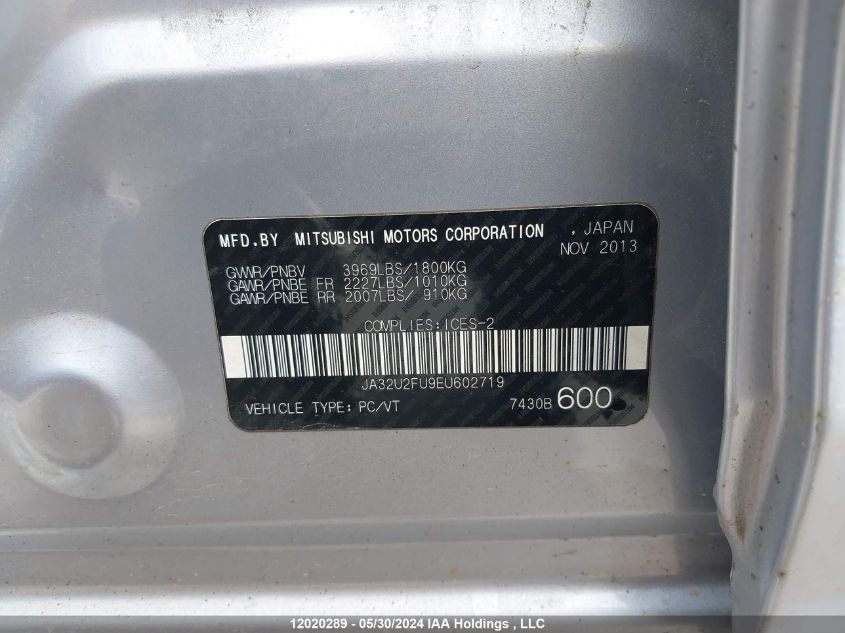 2014 Mitsubishi Lancer VIN: JA32U2FU9EU602719 Lot: 12020289