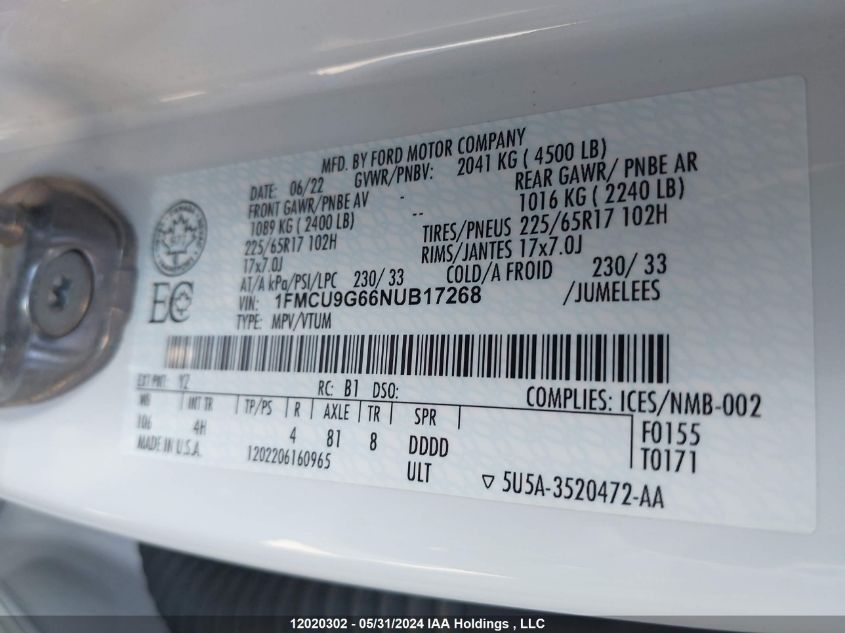 2022 Ford Escape Se VIN: 1FMCU9G66NUB17268 Lot: 12020302