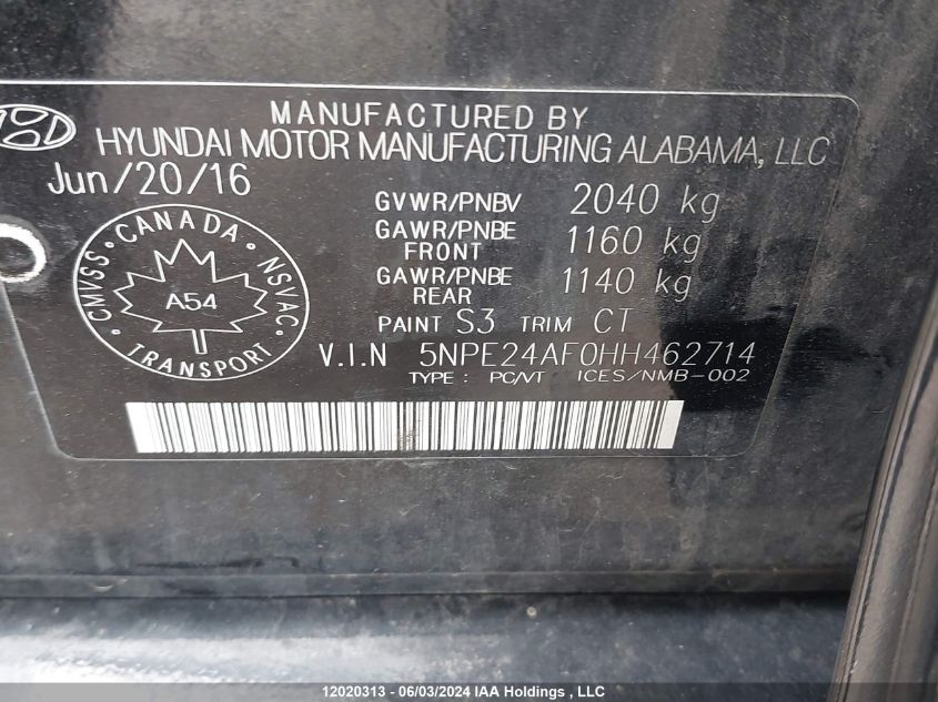 2017 Hyundai Sonata Se VIN: 5NPE24AF0HH462714 Lot: 12020313