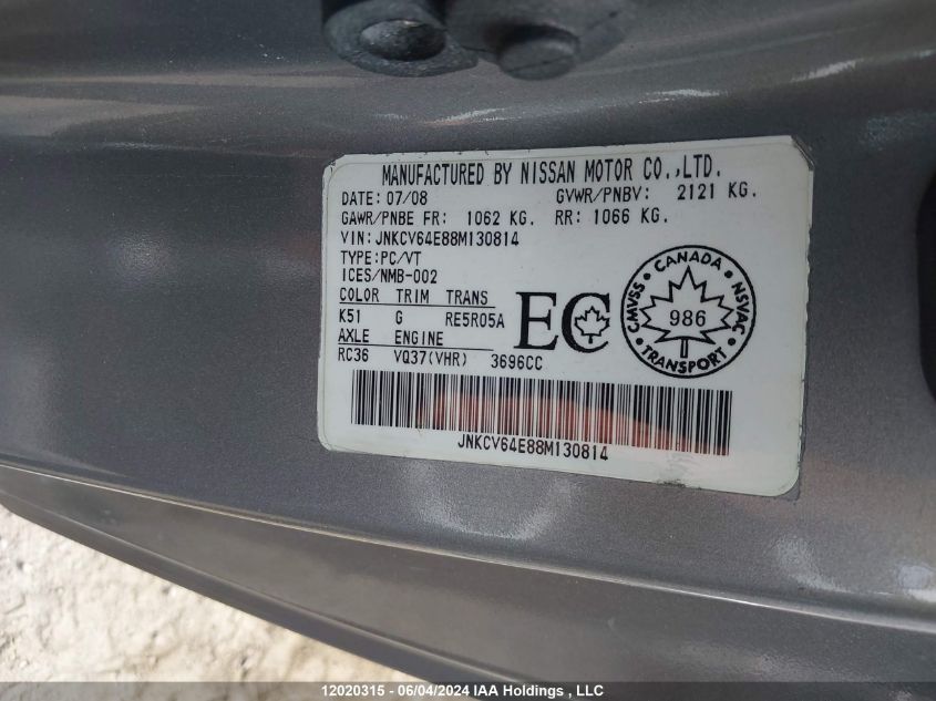 2008 Infiniti G37 Journey/Sport VIN: JNKCV64E88M130814 Lot: 12020315
