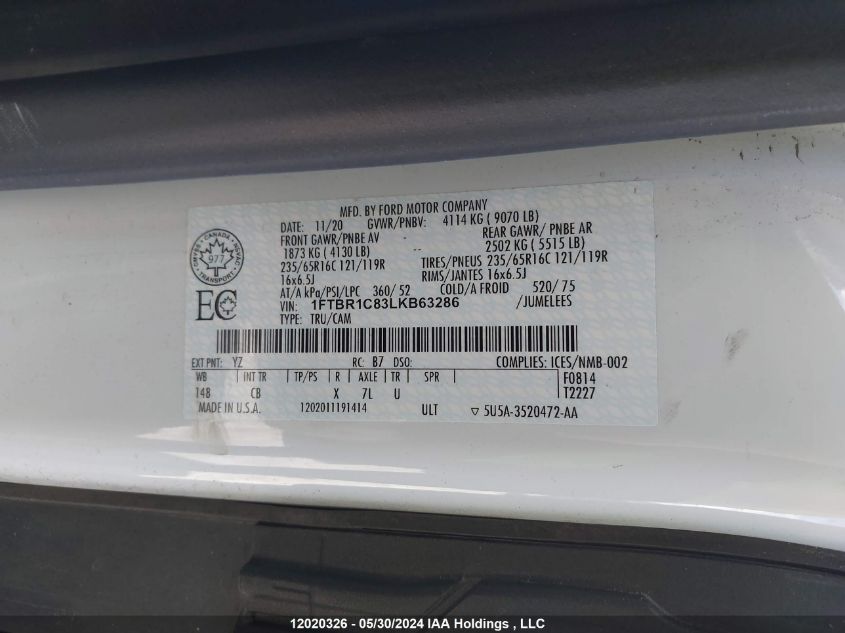 2020 Ford Transit T-250 VIN: 1FTBR1C83LKB63286 Lot: 12020326