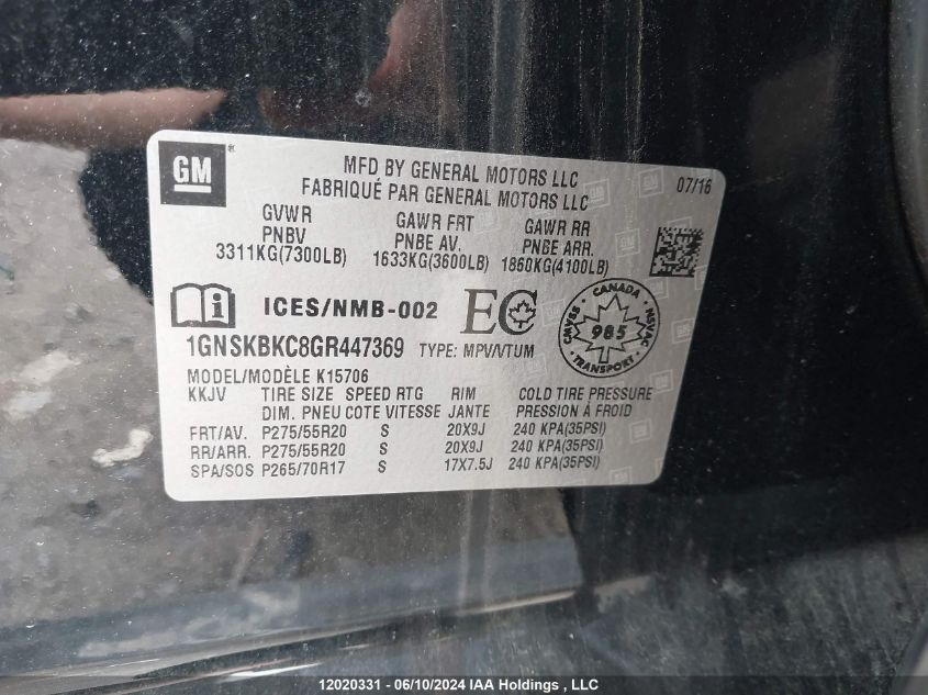 2016 Chevrolet Tahoe VIN: 1GNSKBKC8GR447369 Lot: 12020331