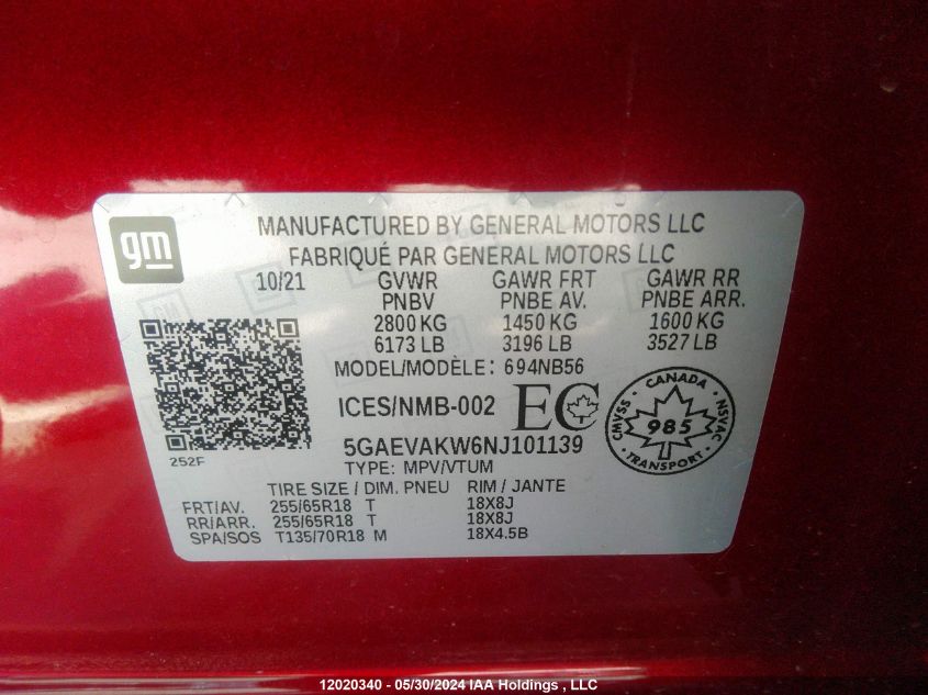 2022 Buick Enclave VIN: 5GAEVAKW6NJ101139 Lot: 12020340