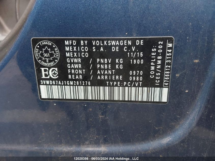 2016 Volkswagen Jetta Sedan VIN: 3VWD67AJ1GM281276 Lot: 12020356
