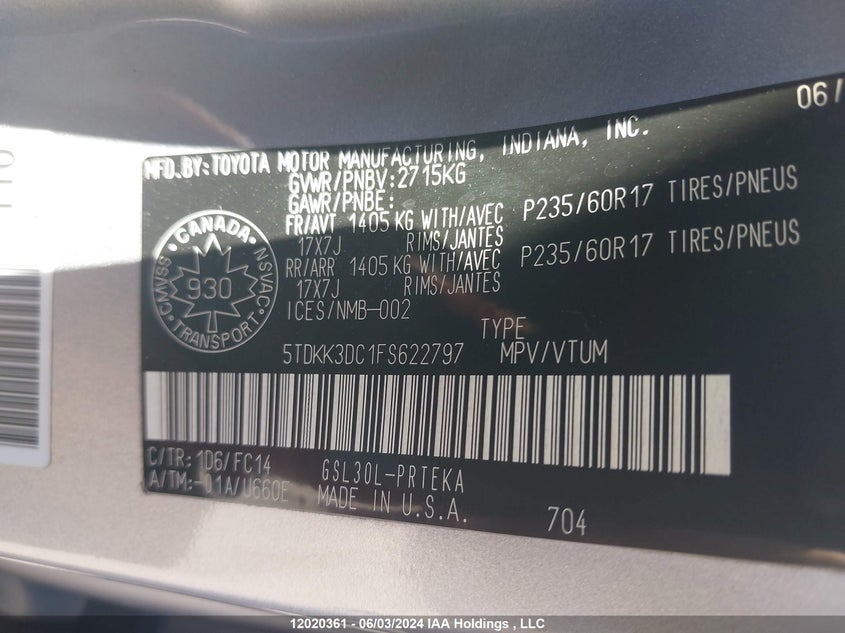 2015 Toyota Sienna VIN: 5TDKK3DC1FS622797 Lot: 12020361