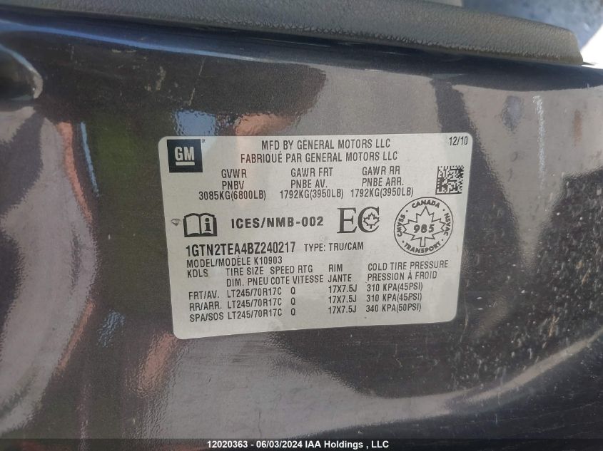 2011 GMC Sierra 1500 VIN: 1GTN2TEA4BZ240217 Lot: 12020363