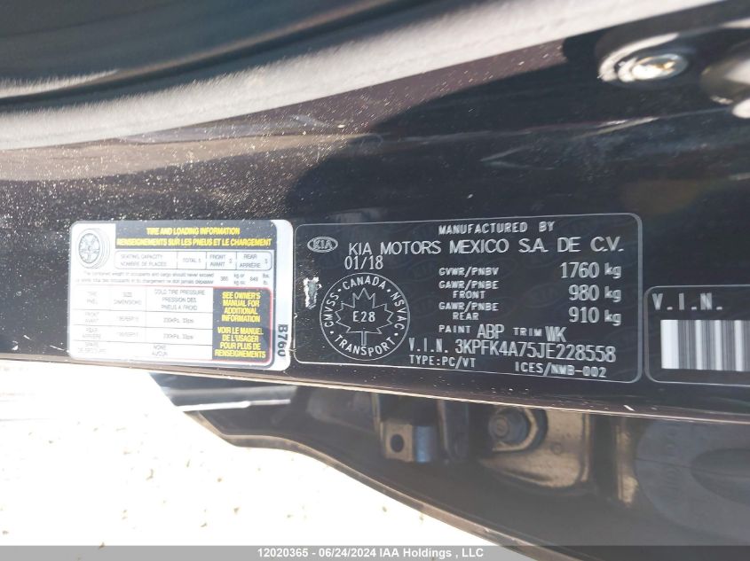 2018 Kia Forte VIN: 3KPFK4A75JE228558 Lot: 12020365