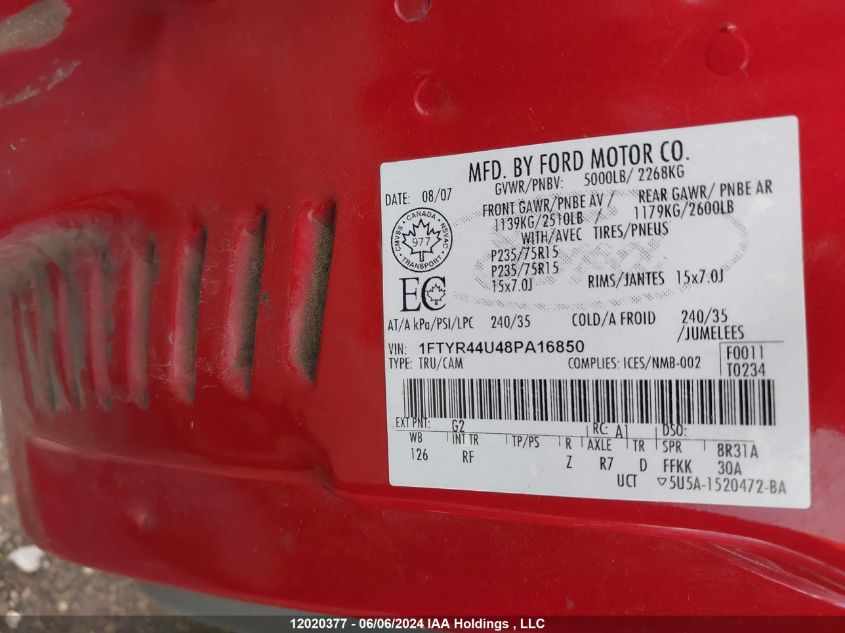 2008 Ford Ranger VIN: 1FTYR44U48PA16850 Lot: 12020377