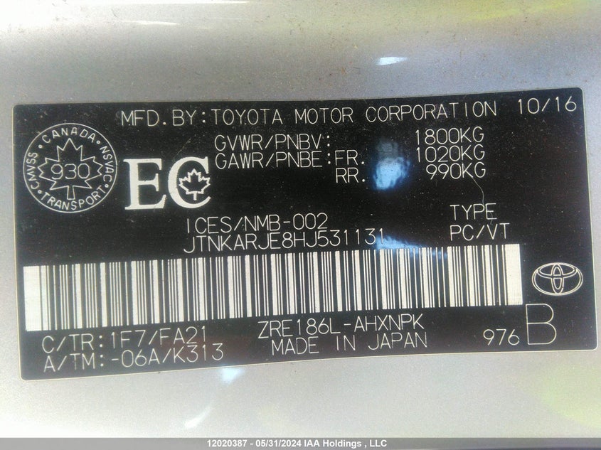 2017 Toyota Corolla Im VIN: JTNKARJE8HJ531131 Lot: 12020387