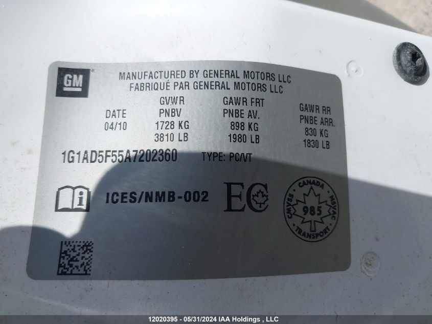 2010 Chevrolet Cobalt VIN: 1G1AD5F55A7202360 Lot: 12020395