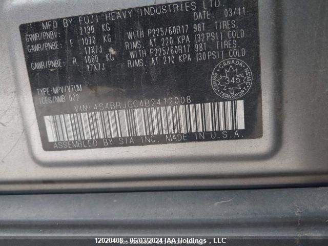 2011 Subaru Outback 3.6R Premium VIN: 4S4BRJGC4B2412008 Lot: 12020408