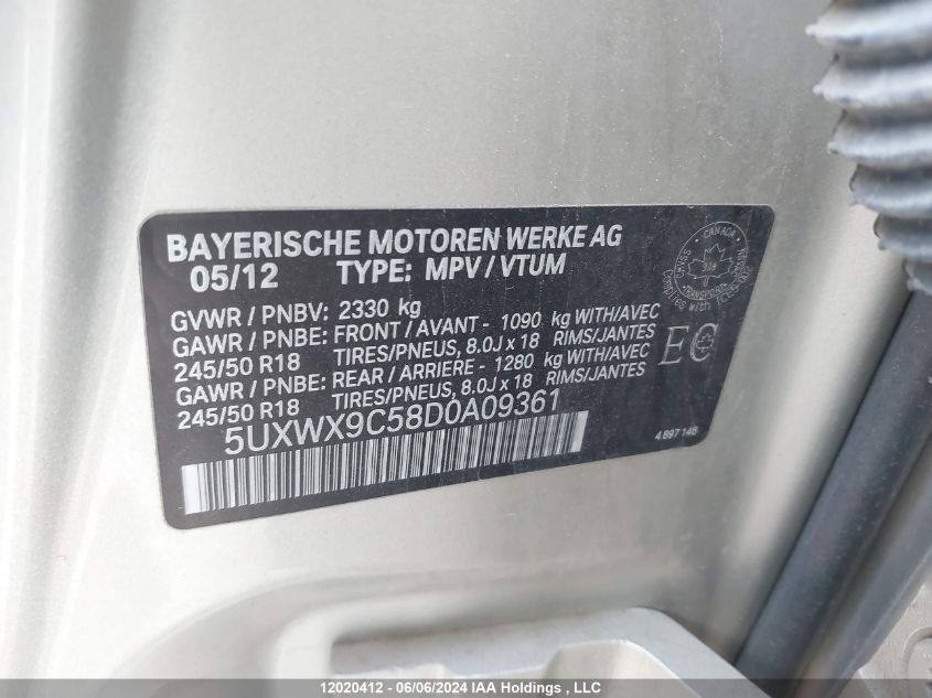 2013 BMW X3 VIN: 5UXWX9C58D0A09361 Lot: 12020412