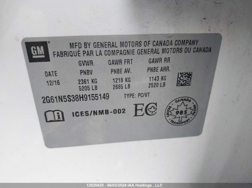 2017 Cadillac Xts VIN: 2G61N5S38H9155149 Lot: 12020420