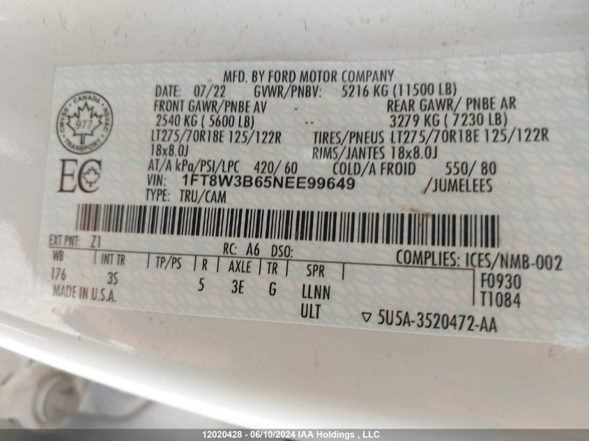 2022 Ford F350 Super Duty VIN: 1FT8W3B65NEE99649 Lot: 12020428