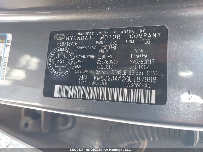 2016 Hyundai Tucson VIN: KM8J23A42GU187998 Lot: 12020438