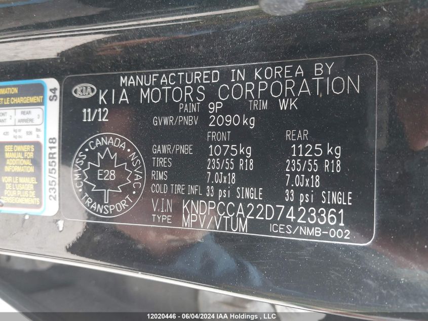 2013 Kia Sportage VIN: KNDPCCA22D7423361 Lot: 12020446